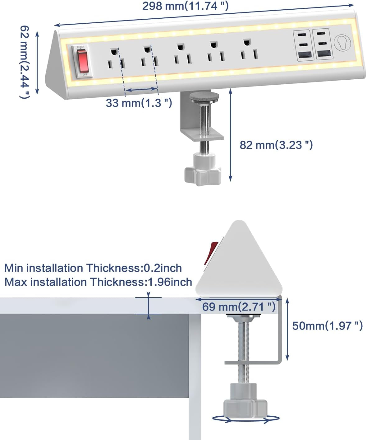 Desk Clamp Power Strip with Nightlight