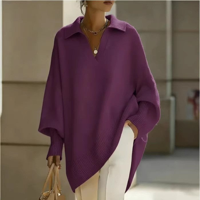 Womens Loose Fit Polo Neck Knit Sweater