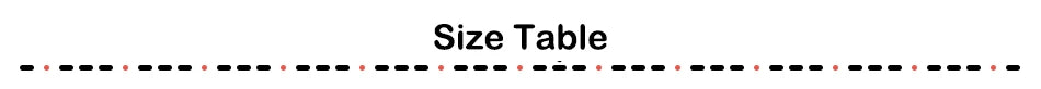 Size table for clothing measurements and fit guidance.
