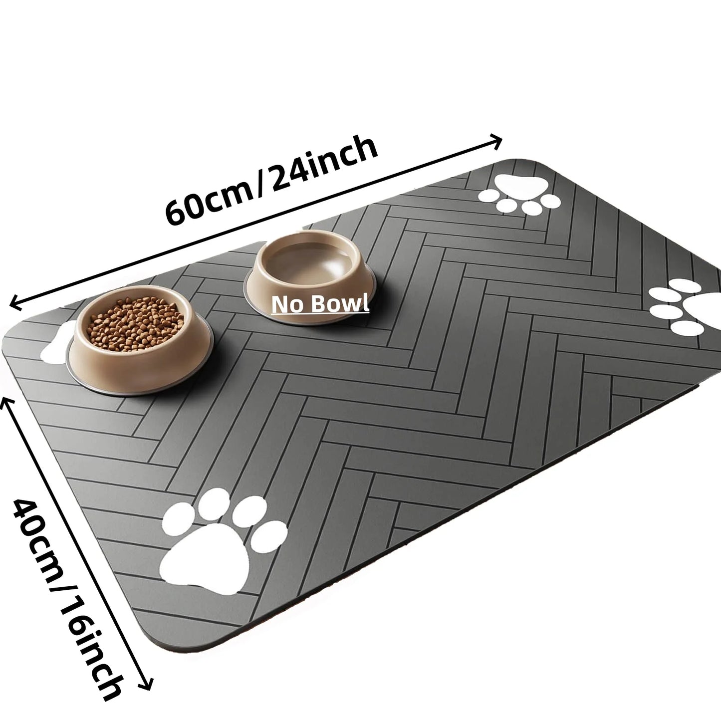 Waterproof pet feeding mat with paw print design, measuring 60cm x 40cm, ideal for keeping floors clean and dry.