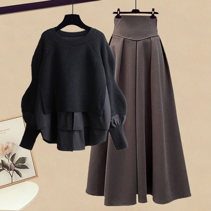 Elegant Knit Sweater with A-Line Skirt Set