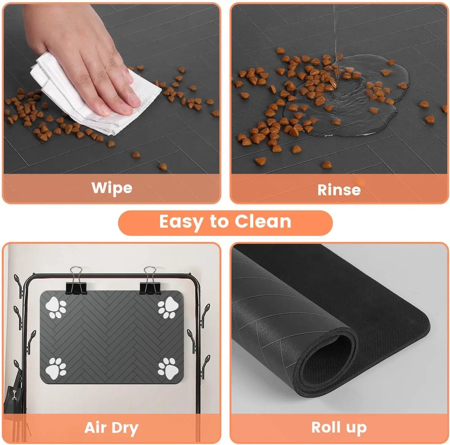 Collage showing steps to clean a waterproof pet feeding mat: wipe, rinse, air dry, and roll up for storage.