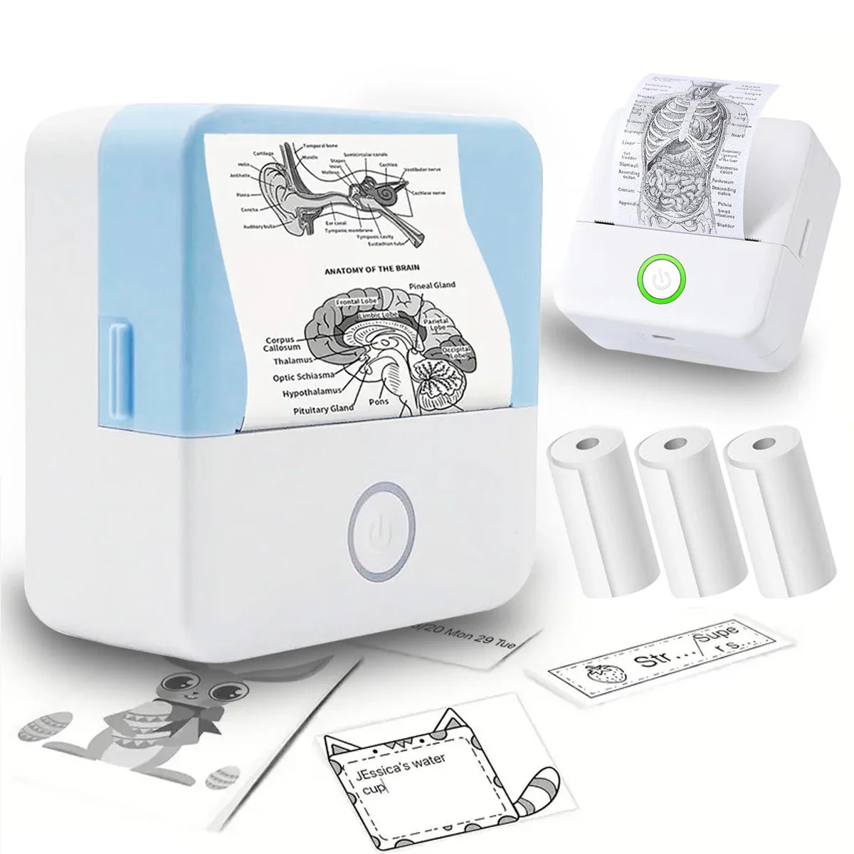 Mini Bluetooth thermal printer printing black and white photos and labels with thermal paper rolls and compact design