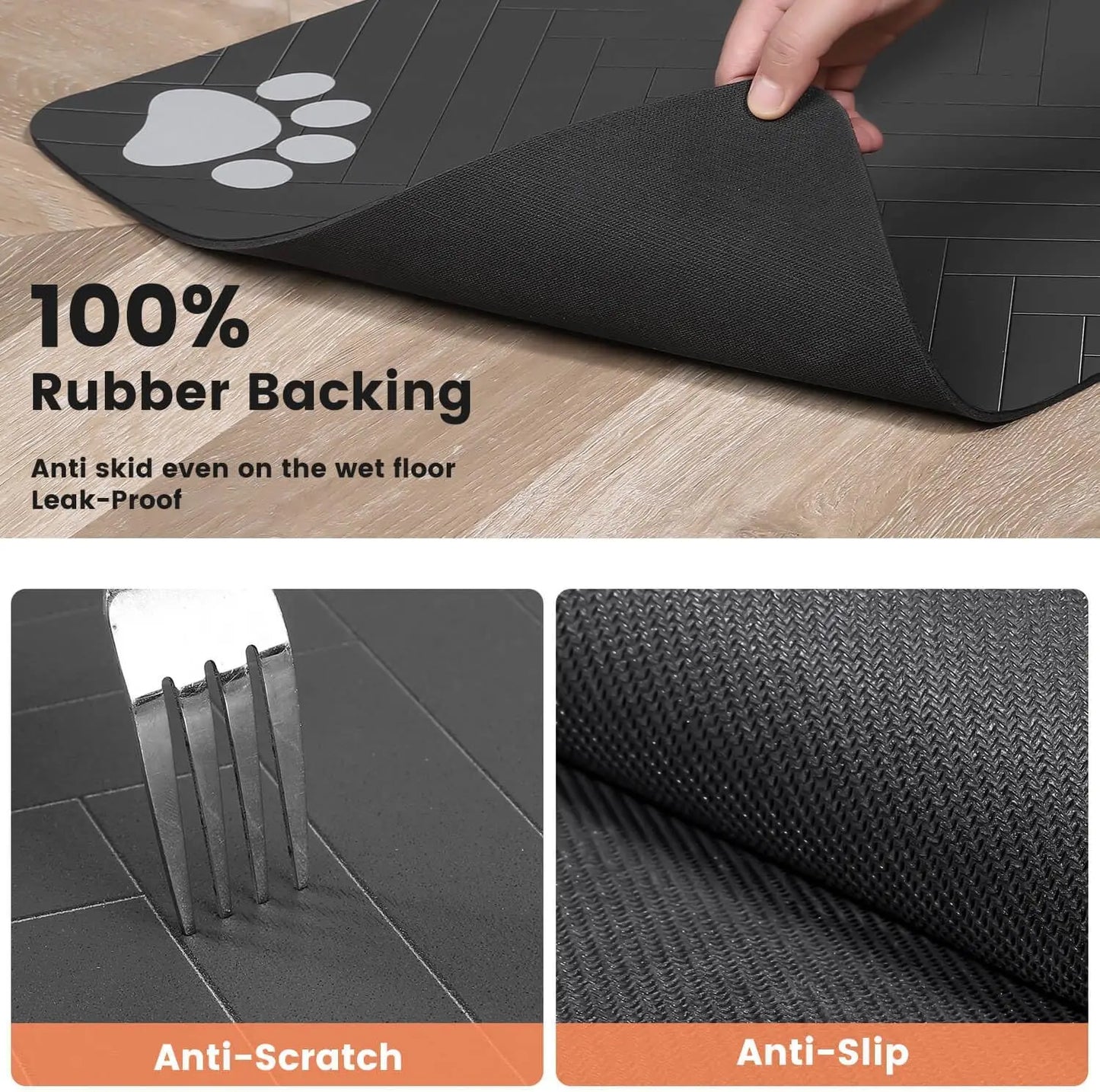 Close-up of a waterproof pet feeding mat with rubber backing, featuring anti-scratch and anti-slip design for food bowls.