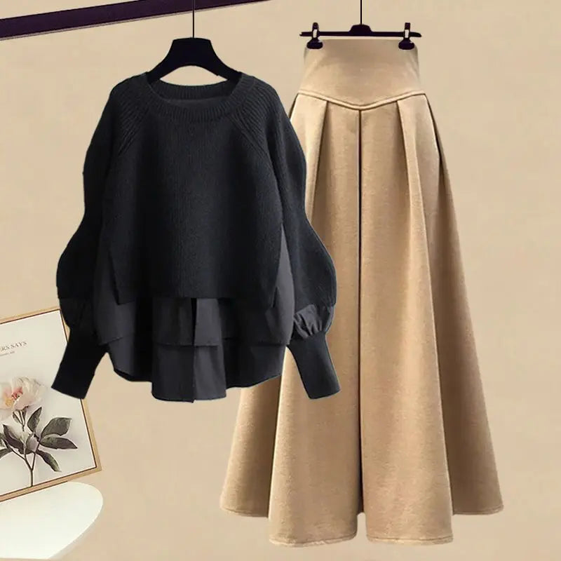 Elegant Knit Sweater with A-Line Skirt Set
