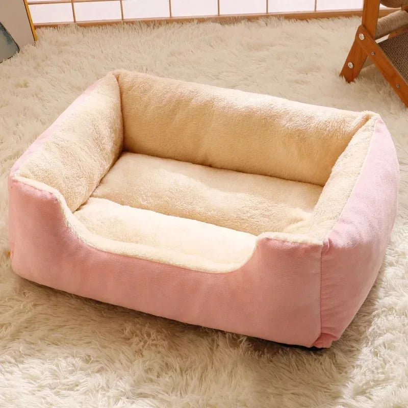 Cozy pink pet bed with soft plush interior, perfect for cats and dogs to rest comfortably in any season.