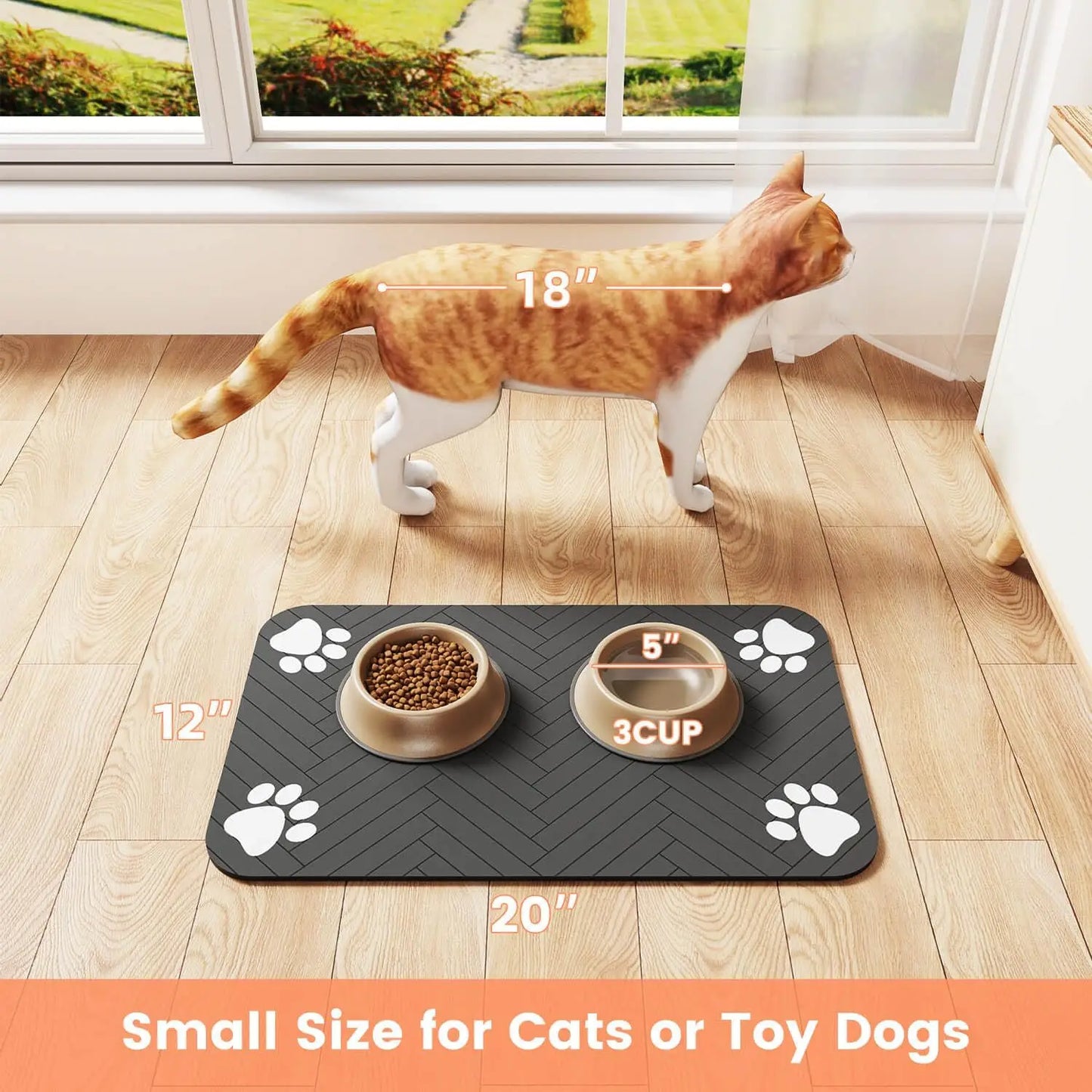 Waterproof pet feeding mat for cats or small dogs, featuring non-slip design, quick drying and paw print pattern.