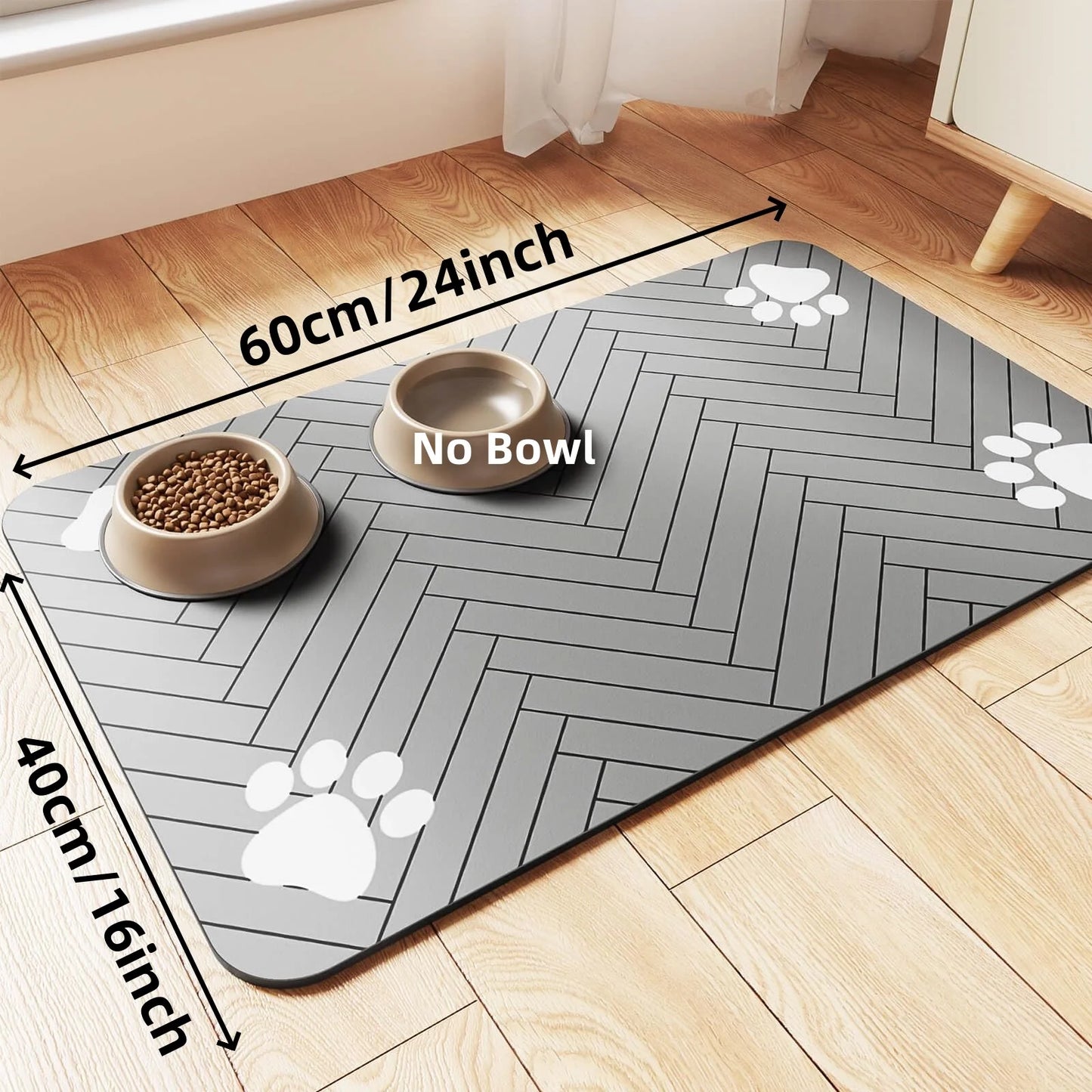 Waterproof pet feeding mat with paw print design, measuring 60cm x 40cm, perfect for dog and cat food bowls.