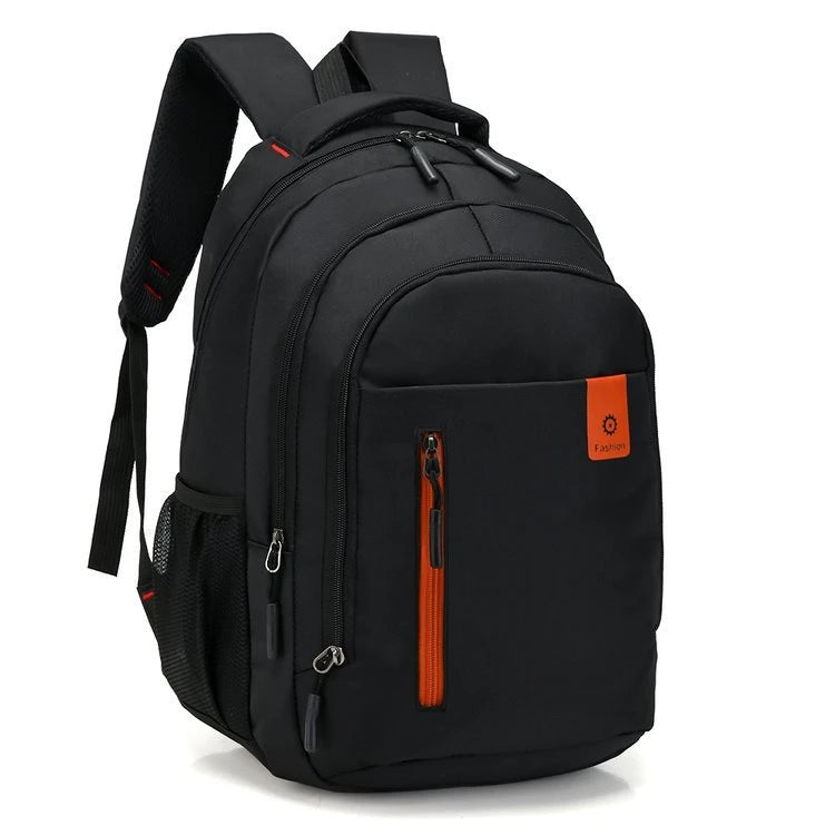 Large capacity black fashion backpack with orange zipper accents and comfortable shoulder straps.