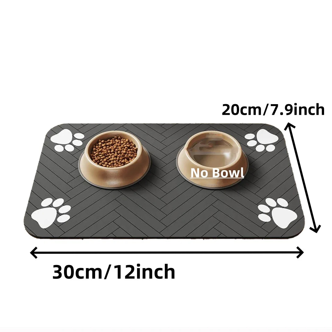 Waterproof pet feeding mat with bowls, featuring paw prints, dimensions 30cm x 20cm, ideal for dogs and cats.