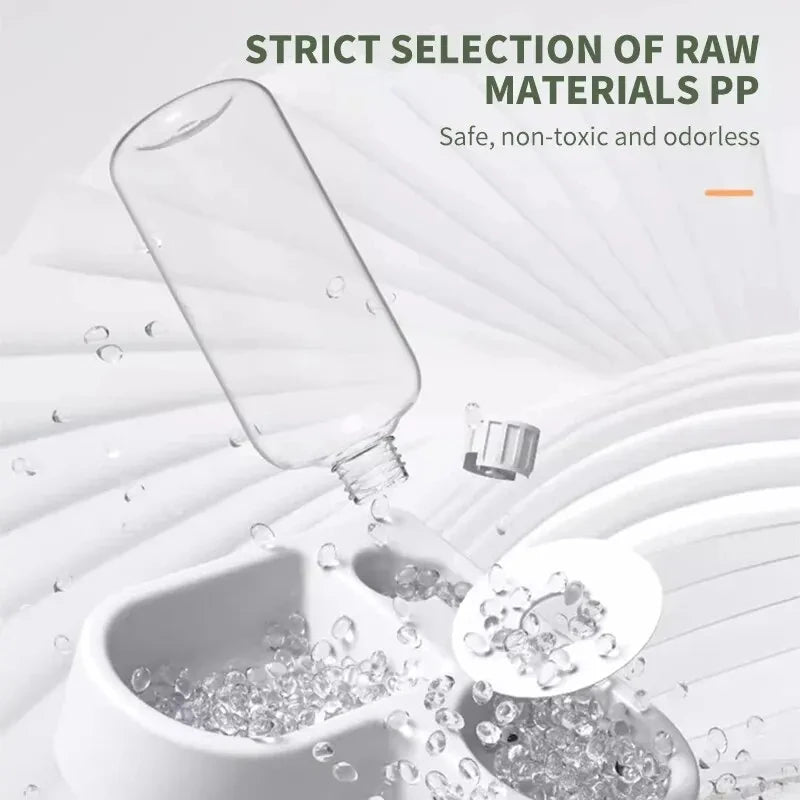 Image of an automatic pet water and feeding bowl showcasing raw materials and safe, non-toxic features.