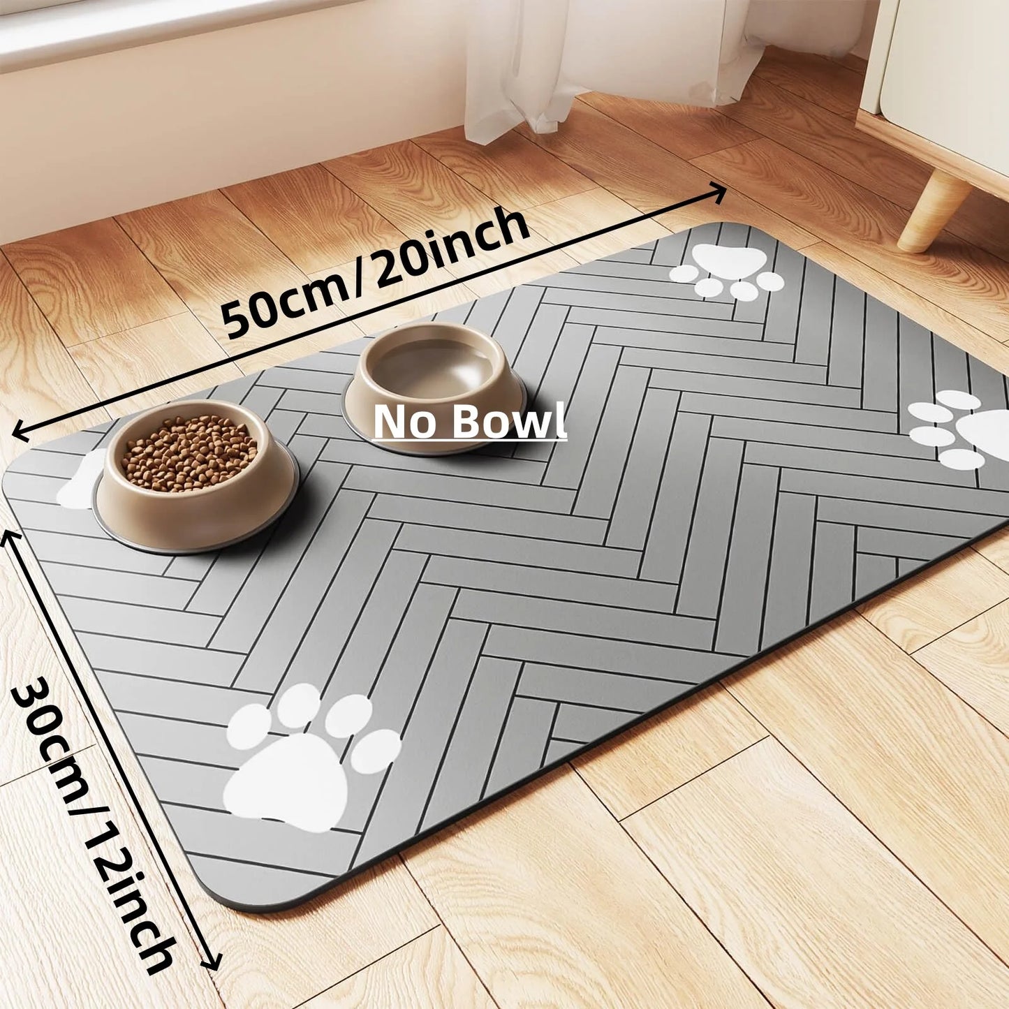 Waterproof pet feeding mat with paw prints, dimensions 50cm x 30cm, ideal for food and water bowls