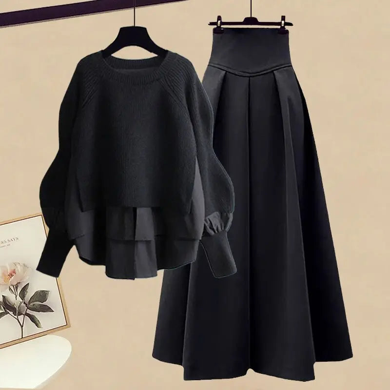 Elegant Knit Sweater with A-Line Skirt Set
