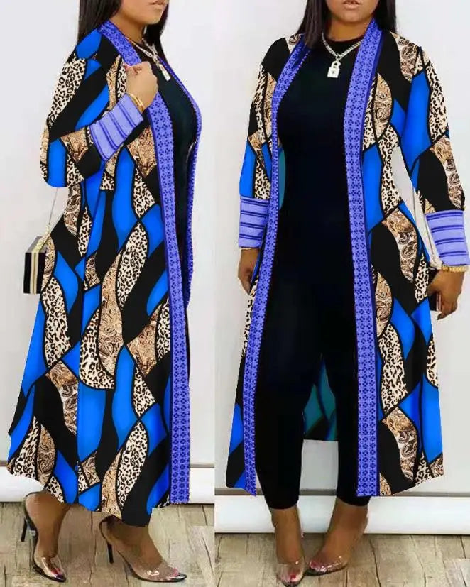 Stylish leopard print longline cardigan with blue accents, perfect for casual wear and street style.