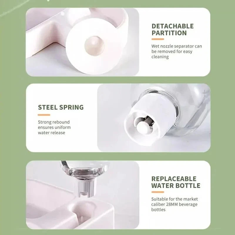 Features of an automatic pet water bowl: detachable partition, steel spring for uniform flow, and replaceable water bottle.