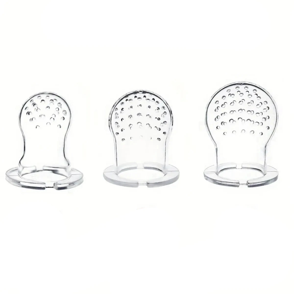 Set of three clear silicone fruit feeder pacifiers designed for easy feeding of fresh fruits to babies.