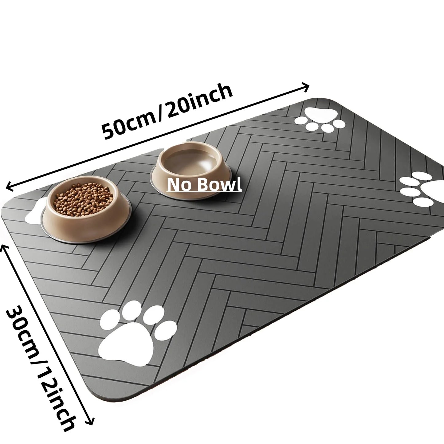 Waterproof pet feeding mat with paw prints, dimensions 50cm x 30cm, designed for food and water bowls.