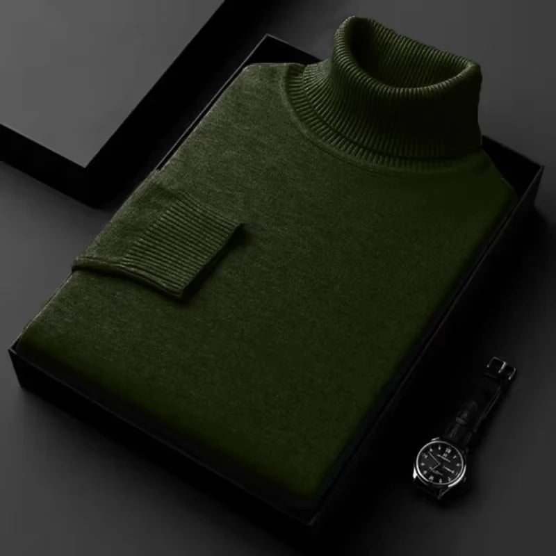 Men's premium knit turtleneck sweater in green, neatly packaged in a box with a watch beside it.