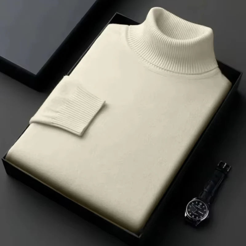 Men's premium knit turtleneck sweater in cream color displayed in a gift box with a watch.