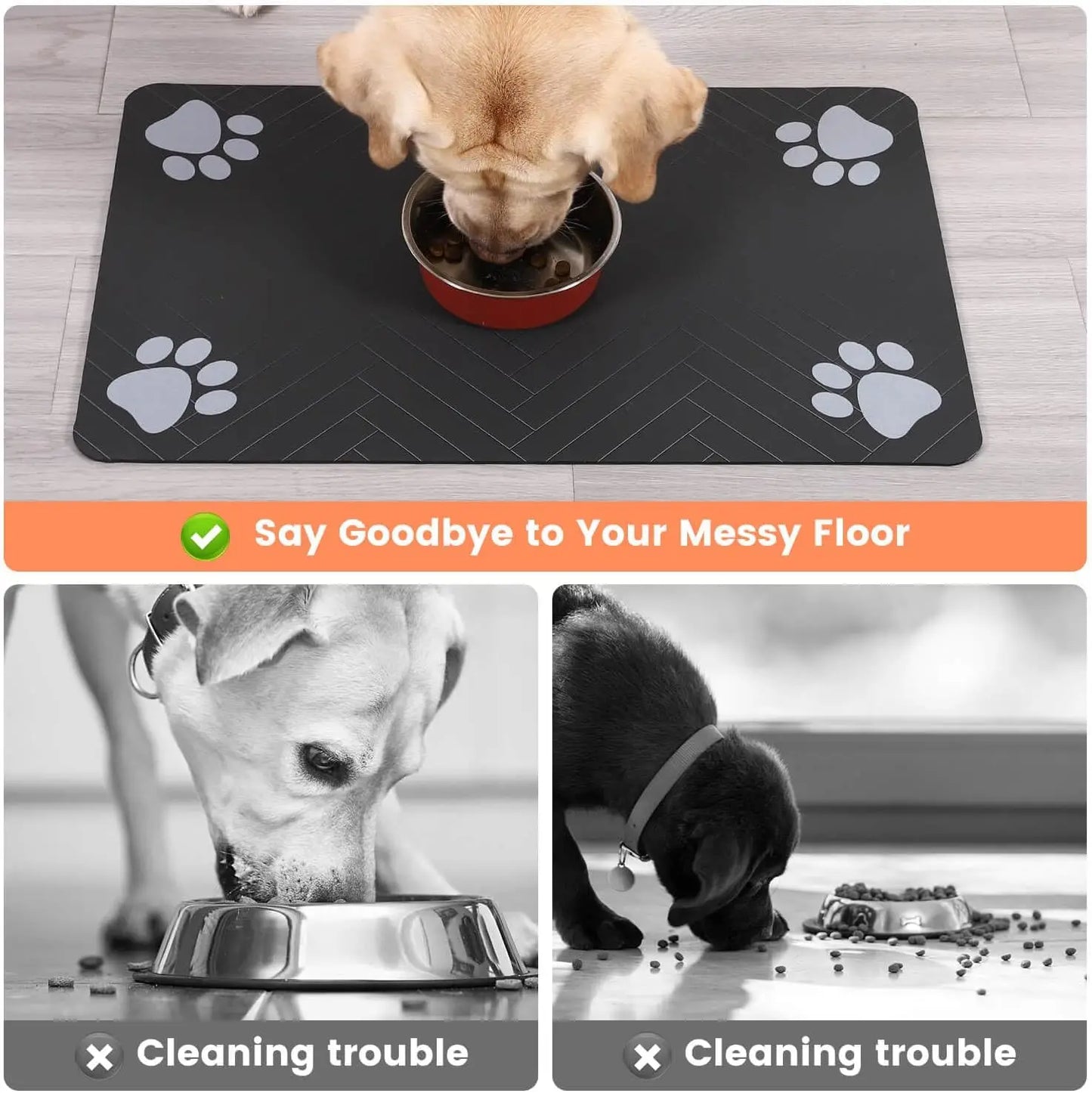 Waterproof pet feeding mat in use, preventing spills with a puppy eating from a bowl on the mat.