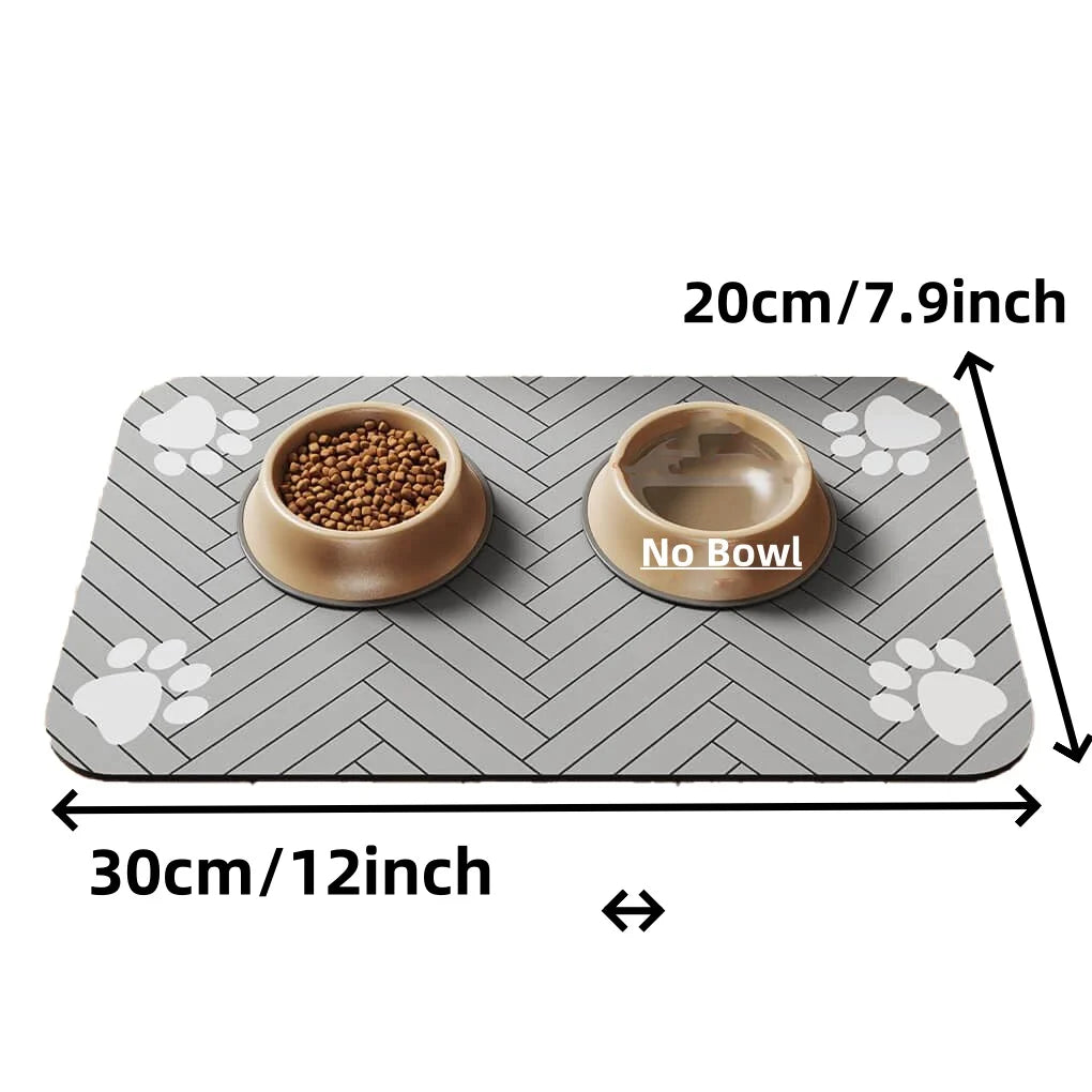 Waterproof pet feeding mat with paw prints, measuring 30cm x 20cm, designed for food bowls and easy cleaning.
