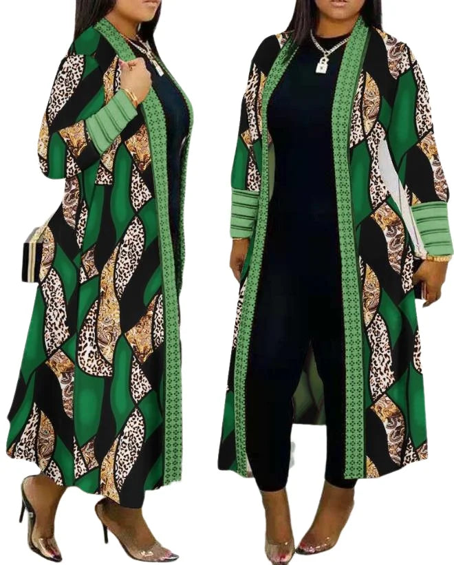 Leopard print women's longline cardigan with open front, featuring green and black design, perfect for casual autumn outfits.