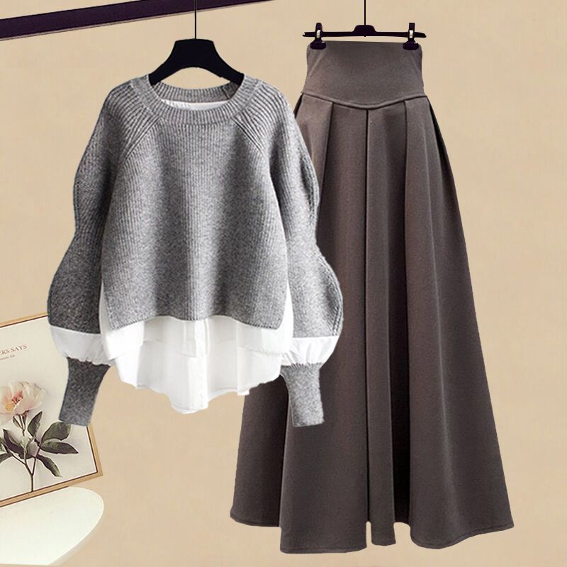 Elegant Knit Sweater with A-Line Skirt Set