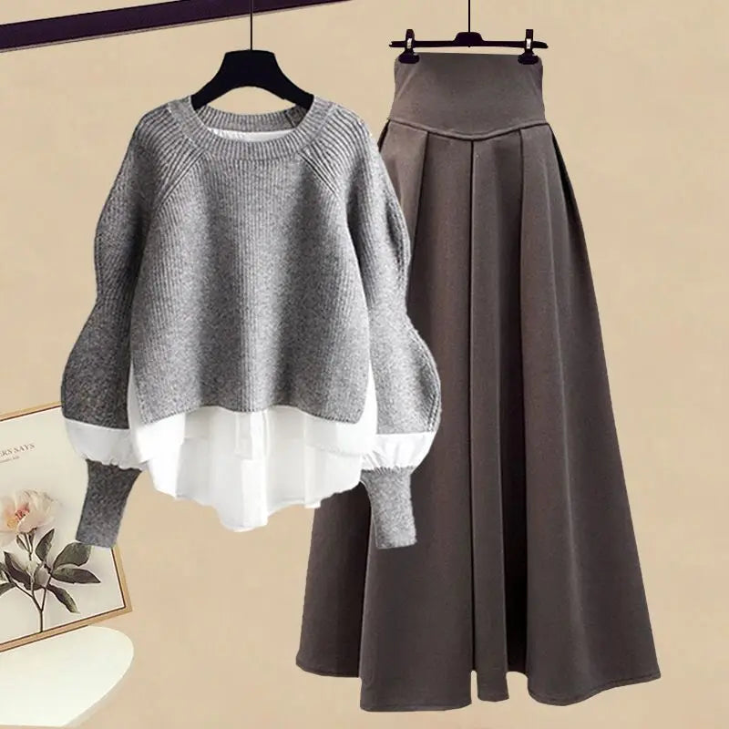 Elegant Knit Sweater with A-Line Skirt Set