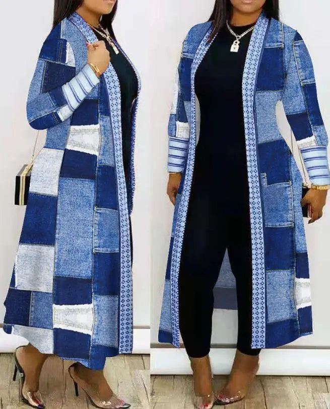 Stylish denim patchwork longline cardigan for women, featuring open front design and chic streetwear vibe.