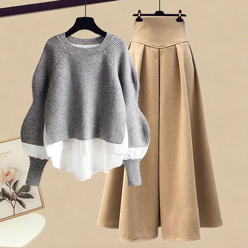 Elegant Knit Sweater with A-Line Skirt Set