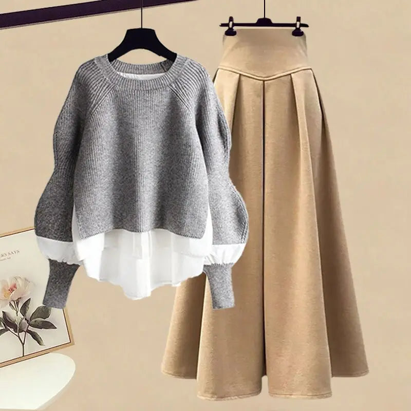 Elegant Knit Sweater with A-Line Skirt Set