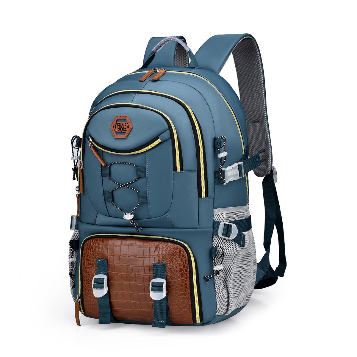 Stylish cream and brown backpack with gold zipper, featuring a unique logo pattern, perfect for fashion-forward individuals.