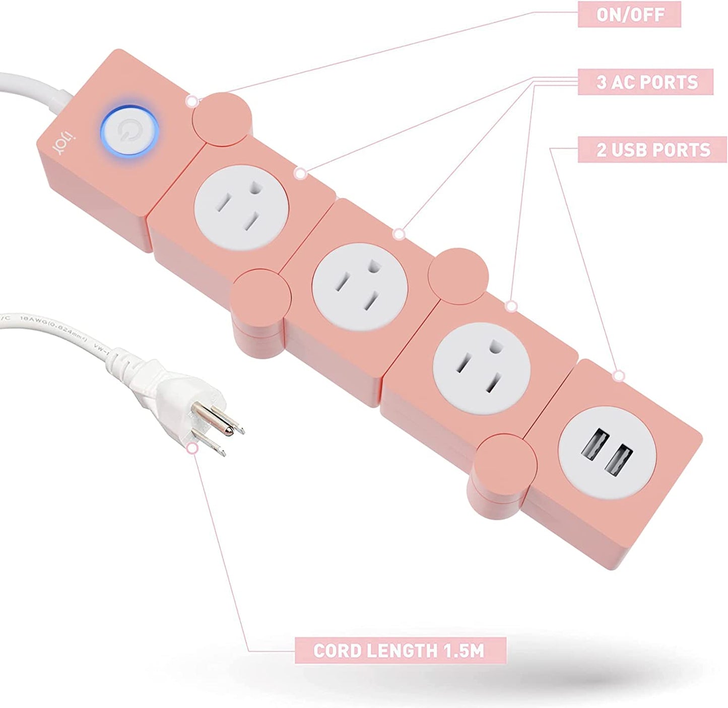 Flexible Power Strip 3 AC Outlets 2 USB