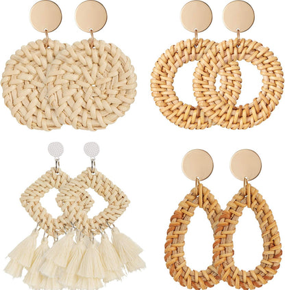 4 Pairs Rattan Earrings for Women Beach