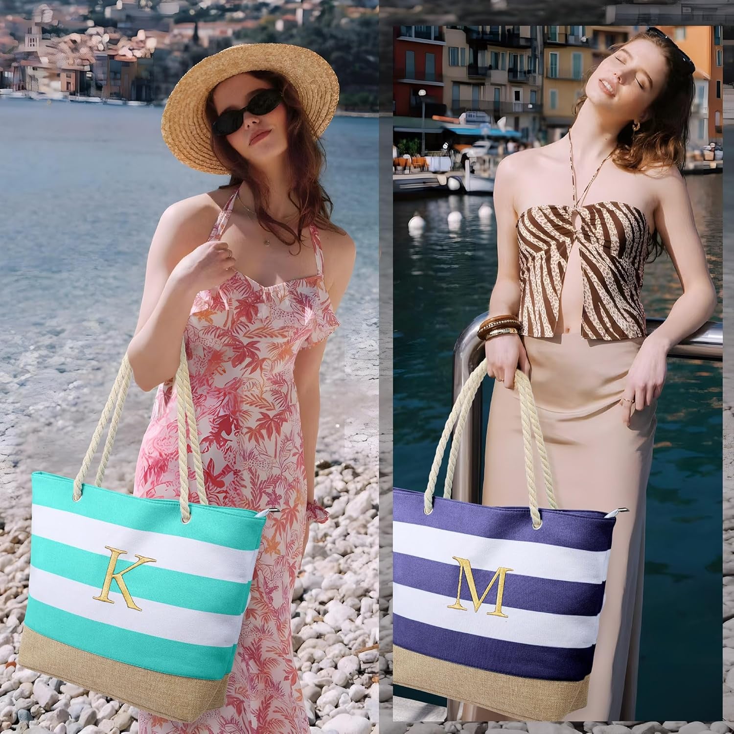Initial Canvas Waterproof Beach Tote Bag