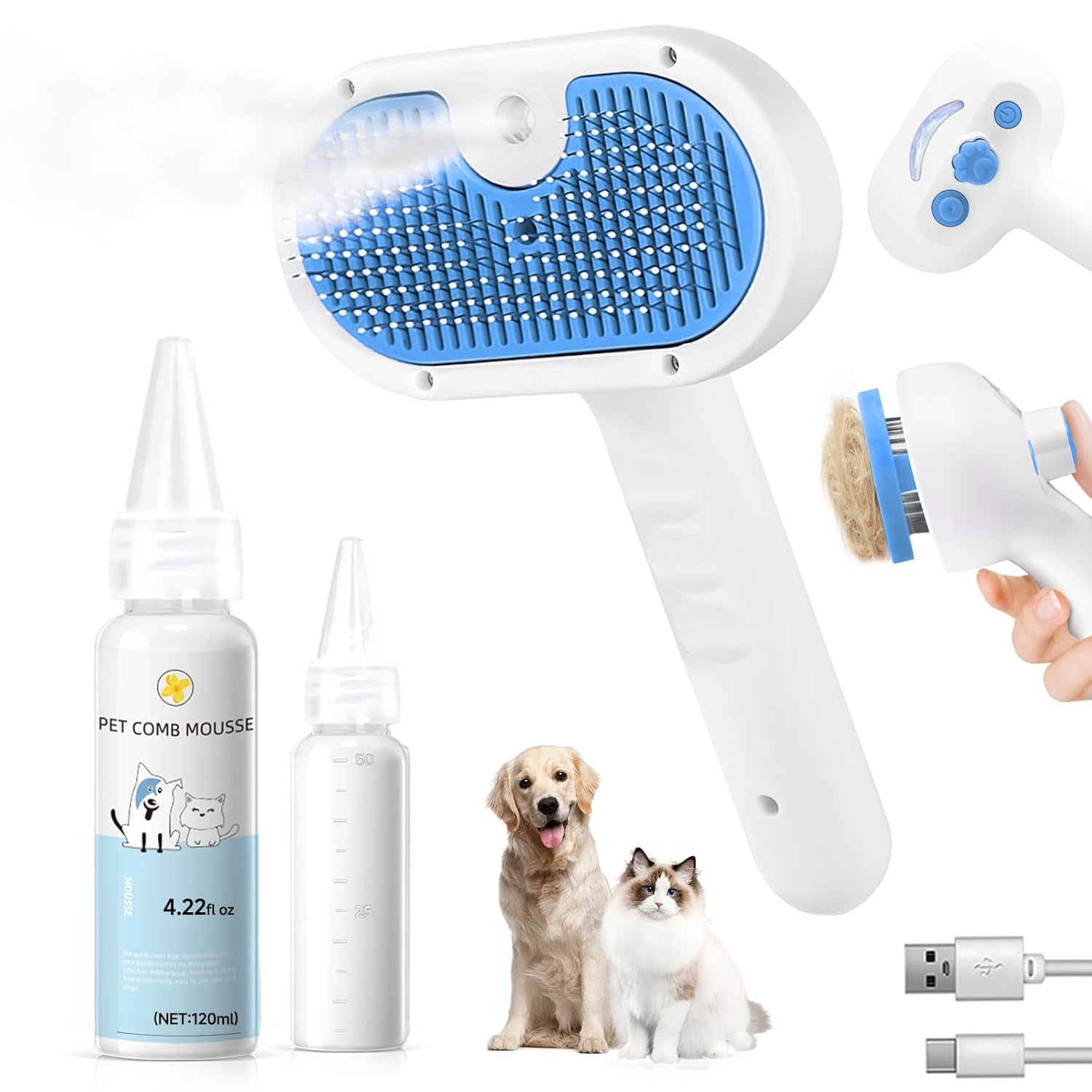 Pet Steam Brush for Dog & Cat - 3-In-1