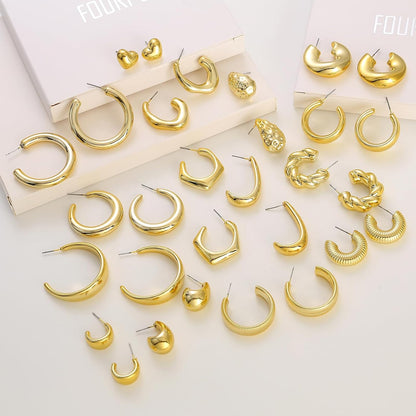 10 Pairs Hypoallergenic Chunky Gold 