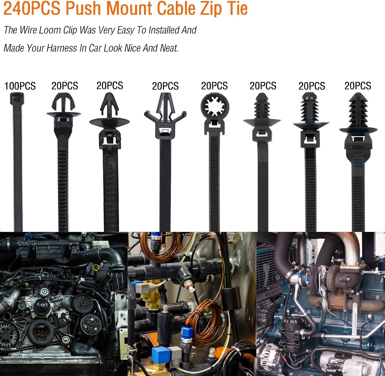 240Pcs Push Mount Cable Zip Tie,Nylon 