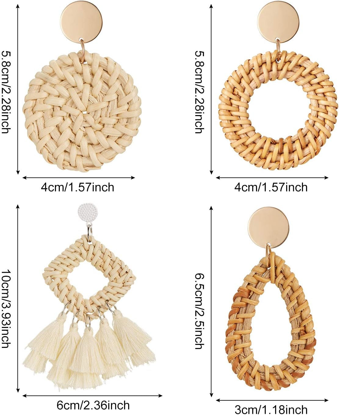 4 Pairs Rattan Earrings for Women Beach