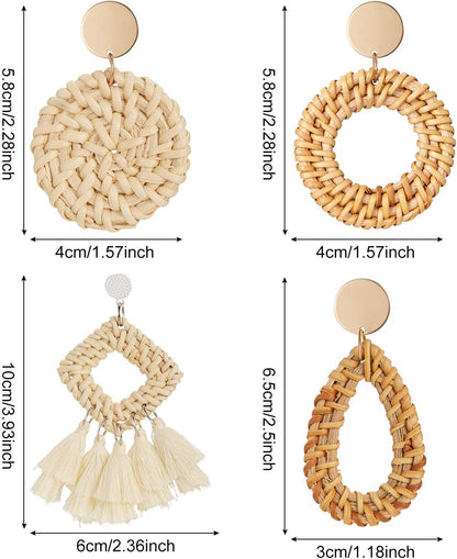 4 Pairs Rattan Earrings for Women Beach