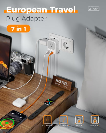 2 Pack European Plug Adapter USB C