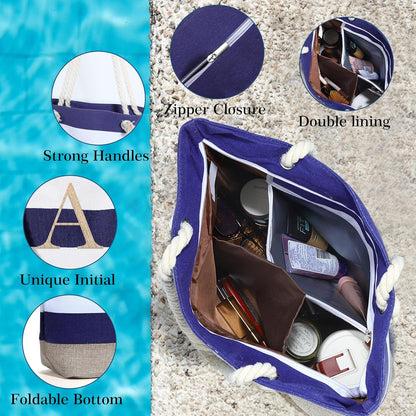 Initial Canvas Waterproof Beach Tote Bag