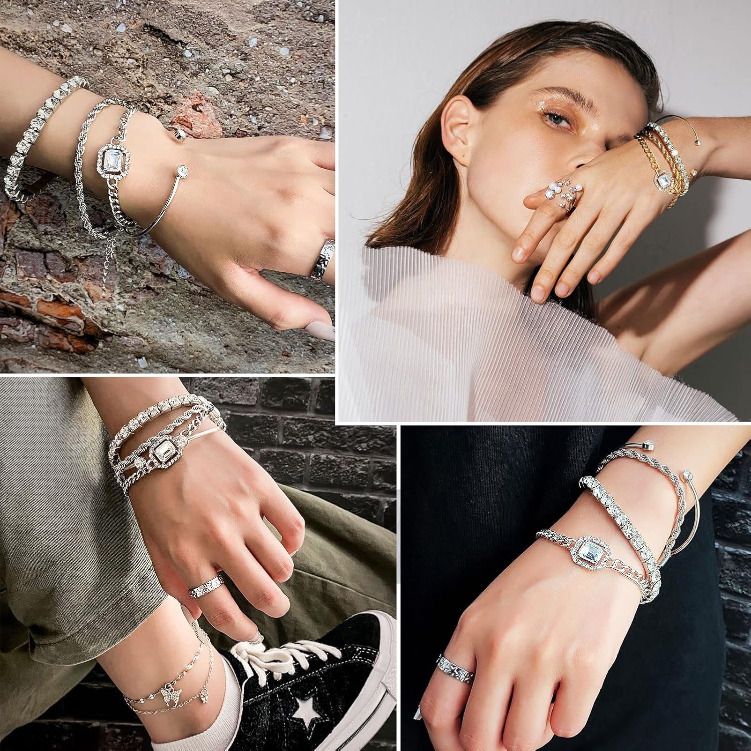 4 Pcs Dainty Gold Silver Bracelets Set