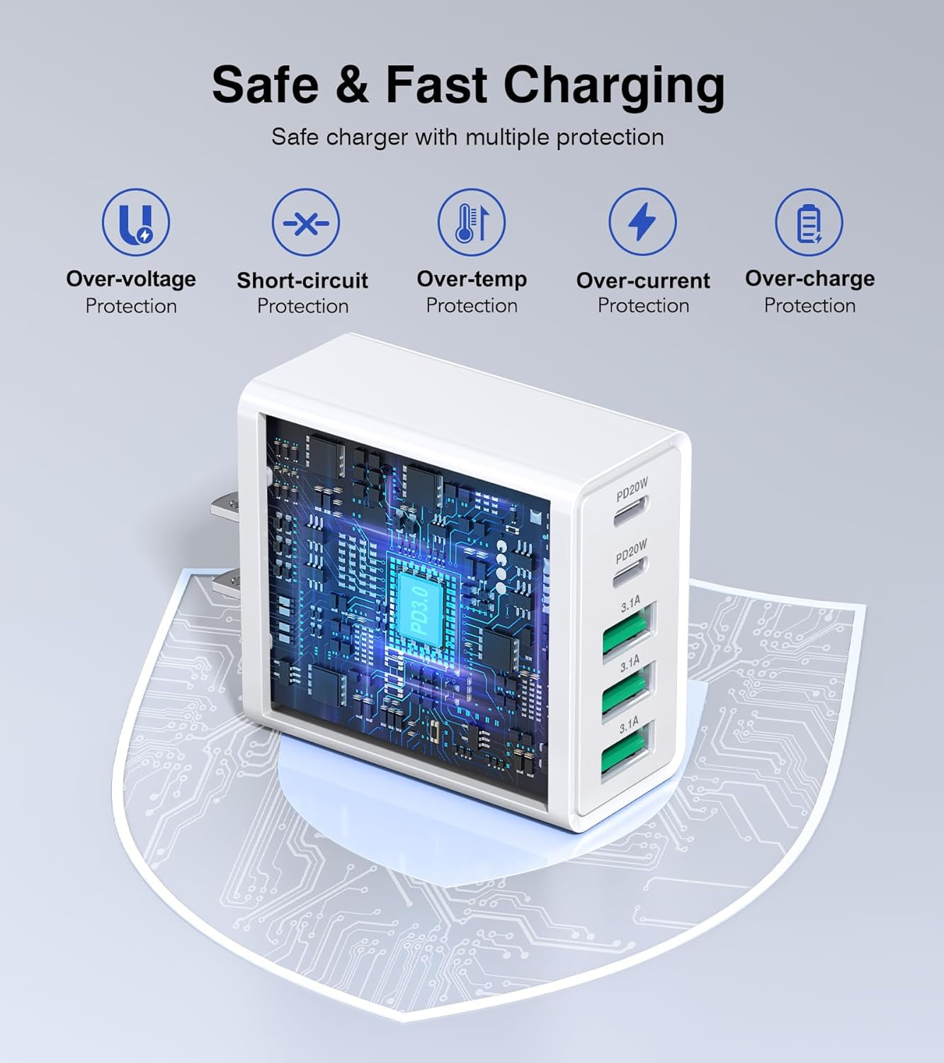 [2-Pack]USB C Wall Charger,50W 5-Port PD