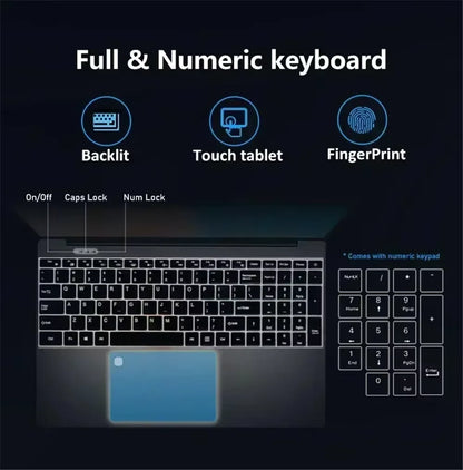 15.6" Portable Laptop, 32GB RAM, 2TB SSD, Windows 11, 4K, Backlit, Fingerprint, Intel N5095