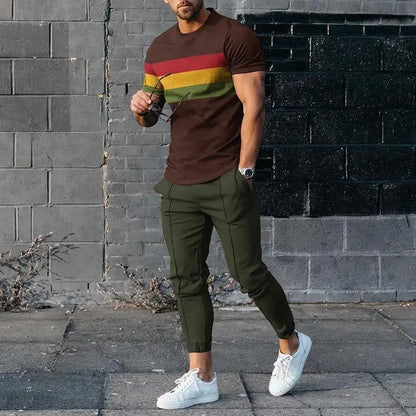 Casual Fashion Stripe Men's Sportswear Set Oversized Pullover T-shirt and Pants Short-Sleeved