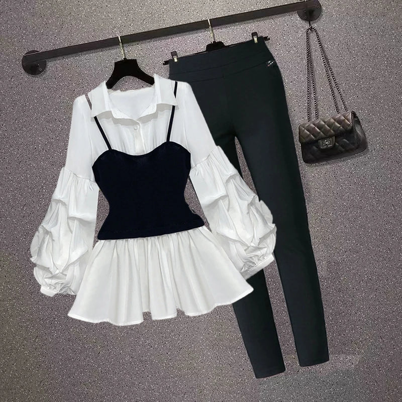 Autumn Lantern Sleeve Shirt & Elastic Waist Pants Set – Trendy 2-Piece Look