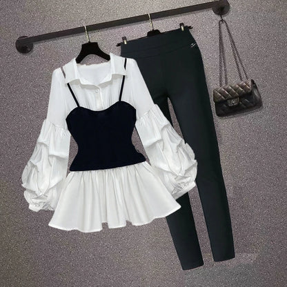 Autumn Lantern Sleeve Shirt & Elastic Waist Pants Set – Trendy 2-Piece Look