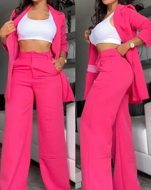 Elegant Notched Blazer & Button Pants Set