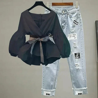Elegant V-Neck Chiffon Blouse & Ripped Jeans Set – Stylish Office Casual Outfit